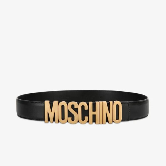 Moschino Logo Plate Belt Leather Patent Black Gold Spell Out Womens Size 48 main image 3